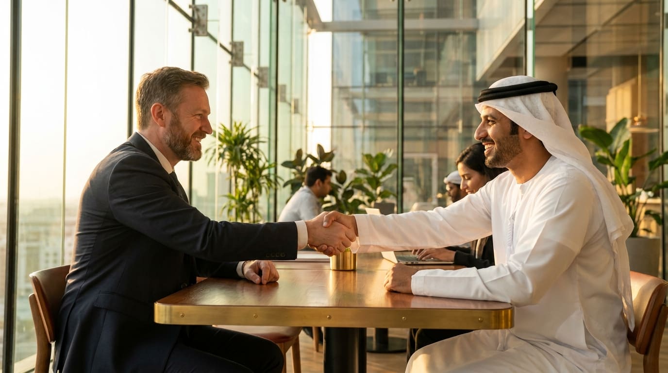 A German entrepreneur and an Emirati partner shake hands in a sunlit Dubai office